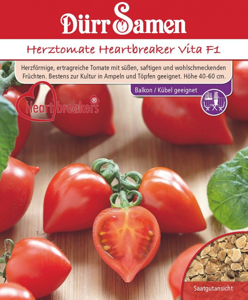 Herztomate Heartbreaker Vita F1 ist eine herzförmige, ertragreiche Tomate mit süßen, saftigen und wohlschmeckenden Früchten. Bestens zur Kultur auf dem Balkon und Terrasse in Ampeln und Töpfen geeignet.